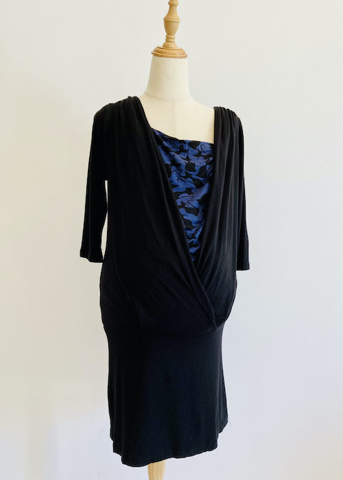 wrap-tshirt-maternity-tight-dress-black-and-blue-cats-patterns