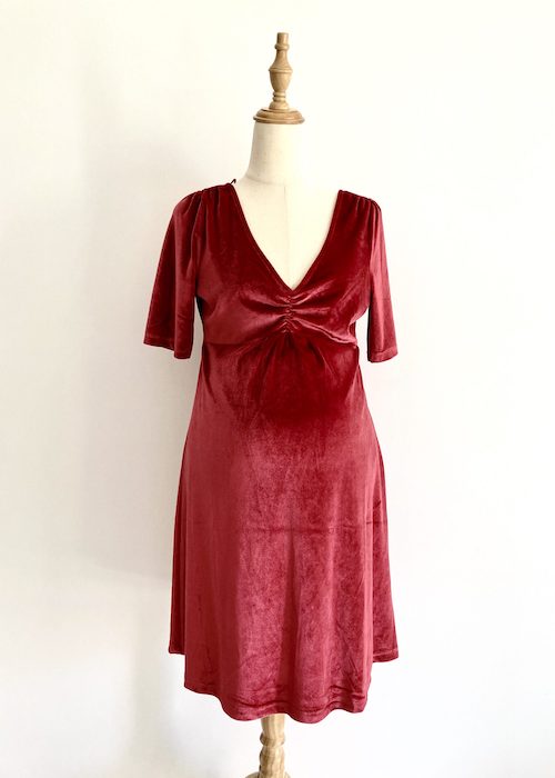 Red velvet maternity dress sustainable clothes